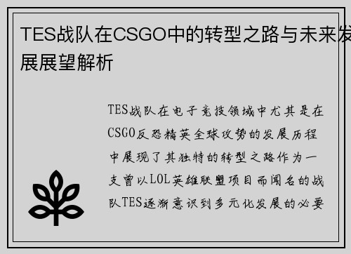 TES战队在CSGO中的转型之路与未来发展展望解析