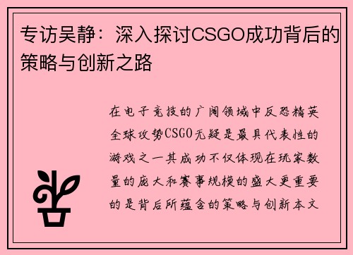 专访吴静：深入探讨CSGO成功背后的策略与创新之路